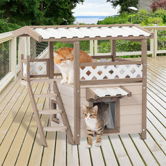 30" Feral Cat House Outdoor Indoor Kitty Houses, 2 Story Design Perfect for Multi Cats